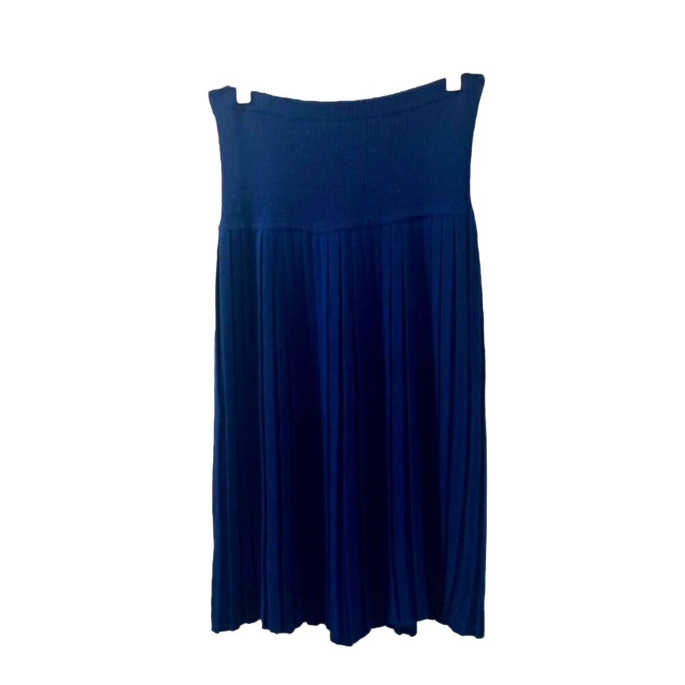 Womens Blue Pleated Knit Midi Skirt M L Stretch Pull On Wide Waistband